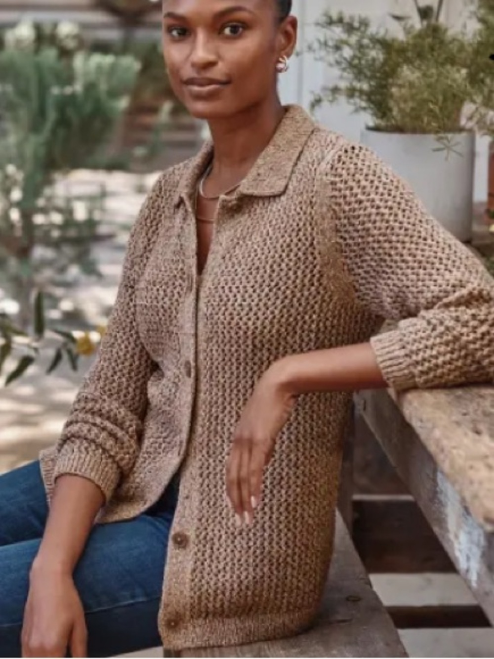J. JILL Marled Texture Open Knit Cotton Cardigan Button Front Women’s Size MP